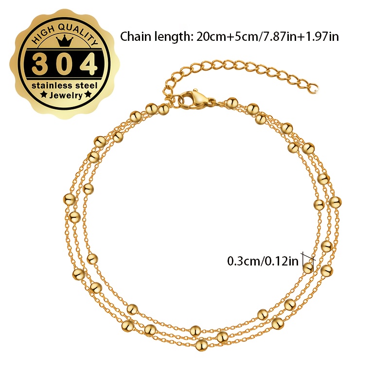 Women's Layered Bead Chain Anklet in Stainless Steel